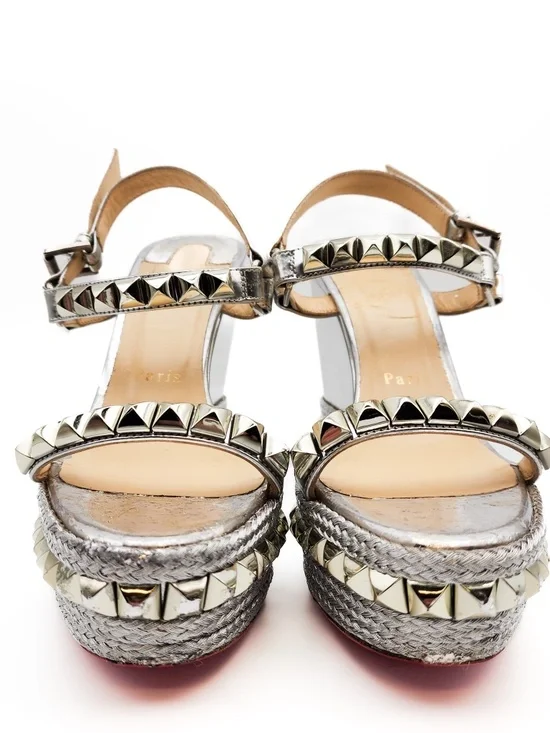 Christian Louboutin Metallic Silver Studded Espadrille Platform Sandals EU 38 - Picture 5 of 9